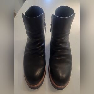 Black Leather Aqua Sofft Ankle Boots with Brown Wood-Look Sole